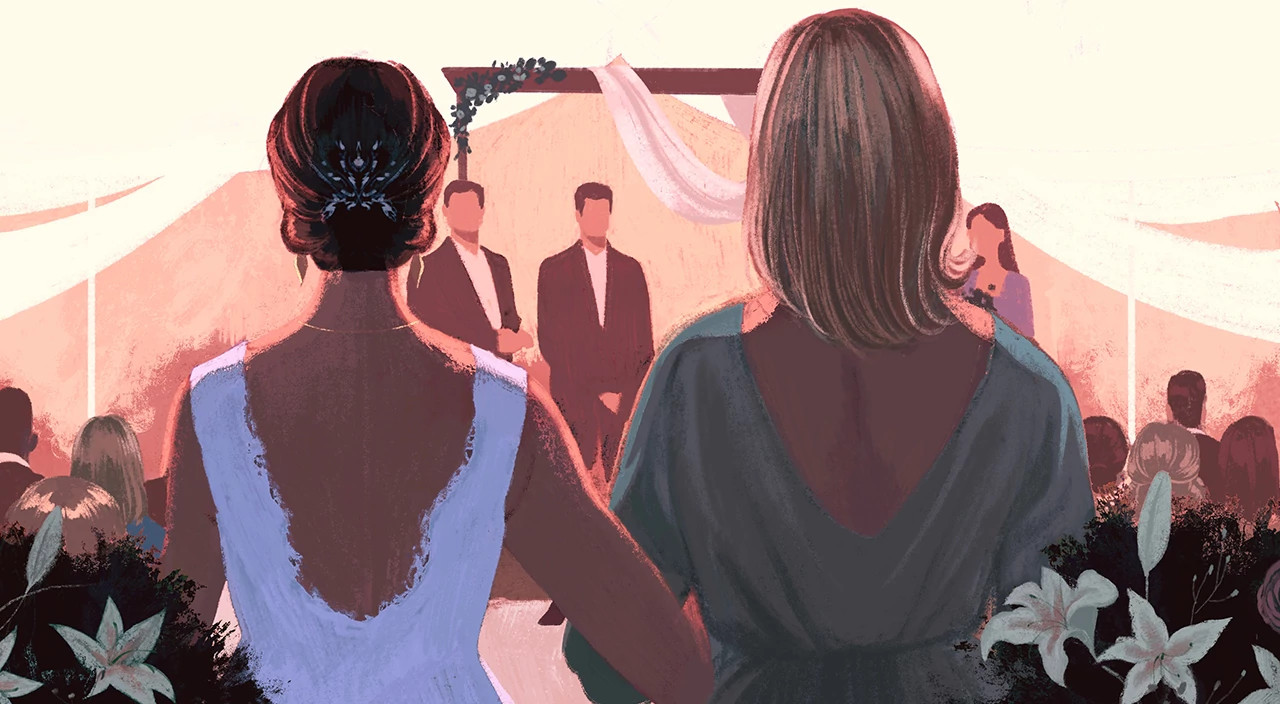 illustration of mother walking daughter down the aisle