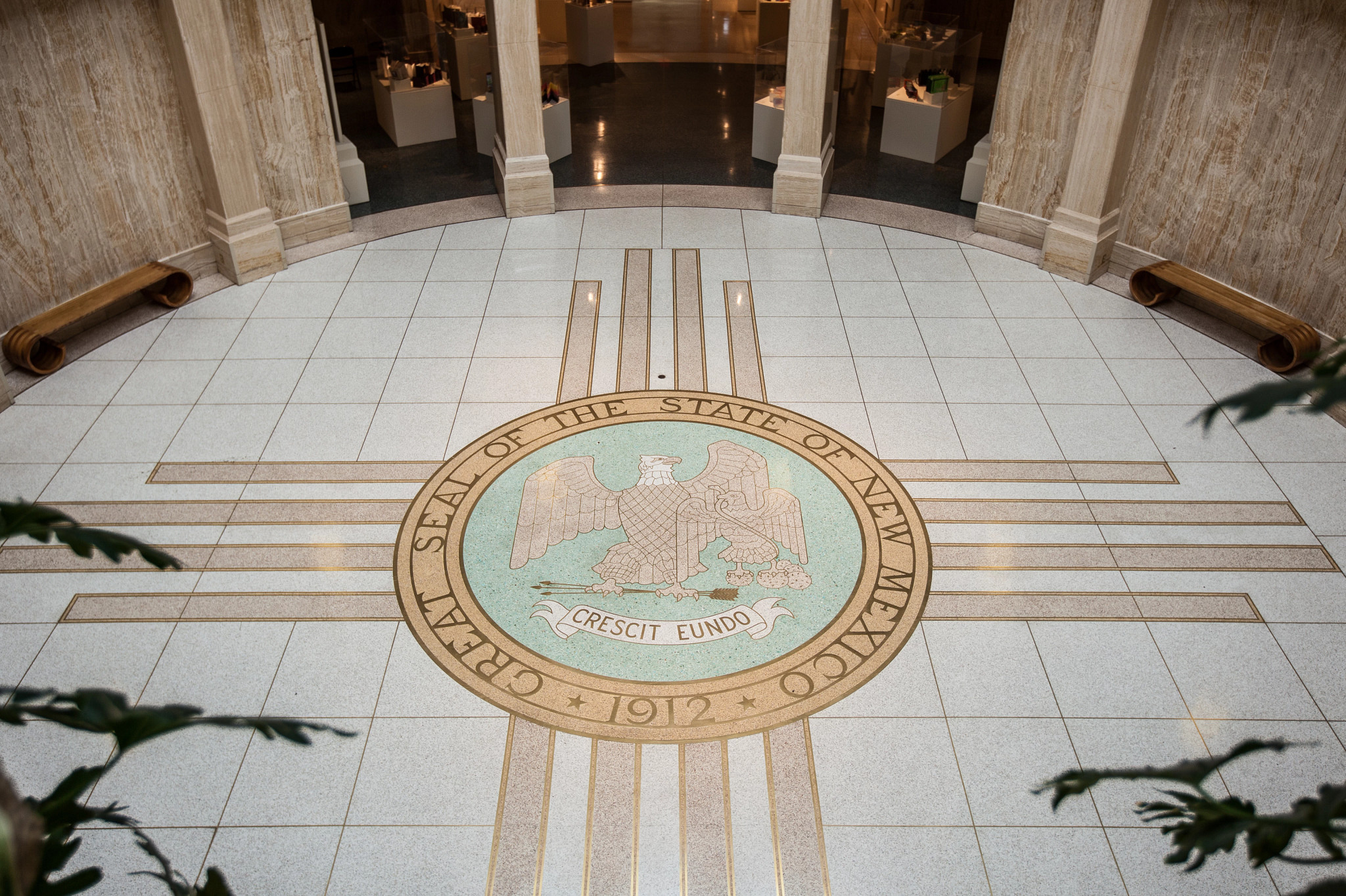 Official government seal of the state of New Mexico from the floor of the rotunda area in capitol building in Santa Fe
