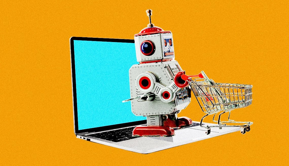 Ready to Let AI Shop for You? A graphic illustration shows a small robot atop a laptop pushing a grocery cart