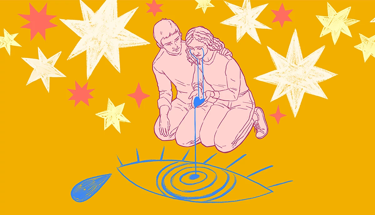 illustration of husband hugging crying wife