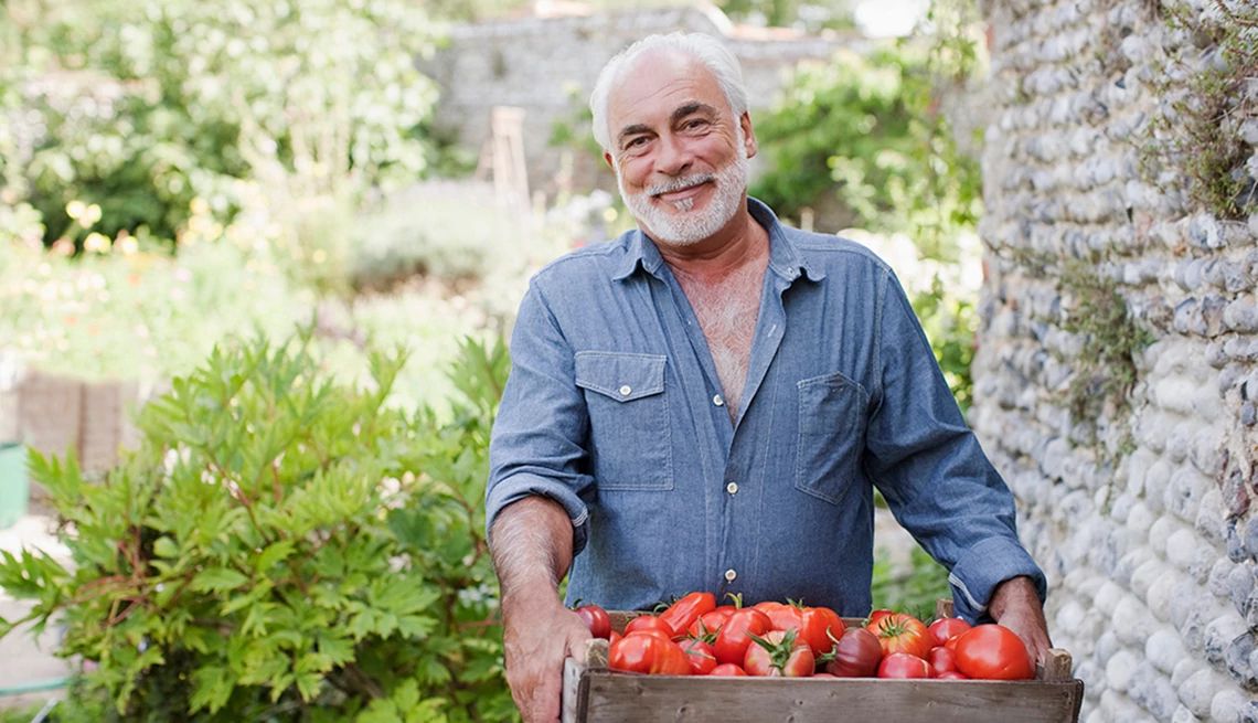 Gardening can be a form of exercise A man carrying a crate of ripe tomatoes in a garden