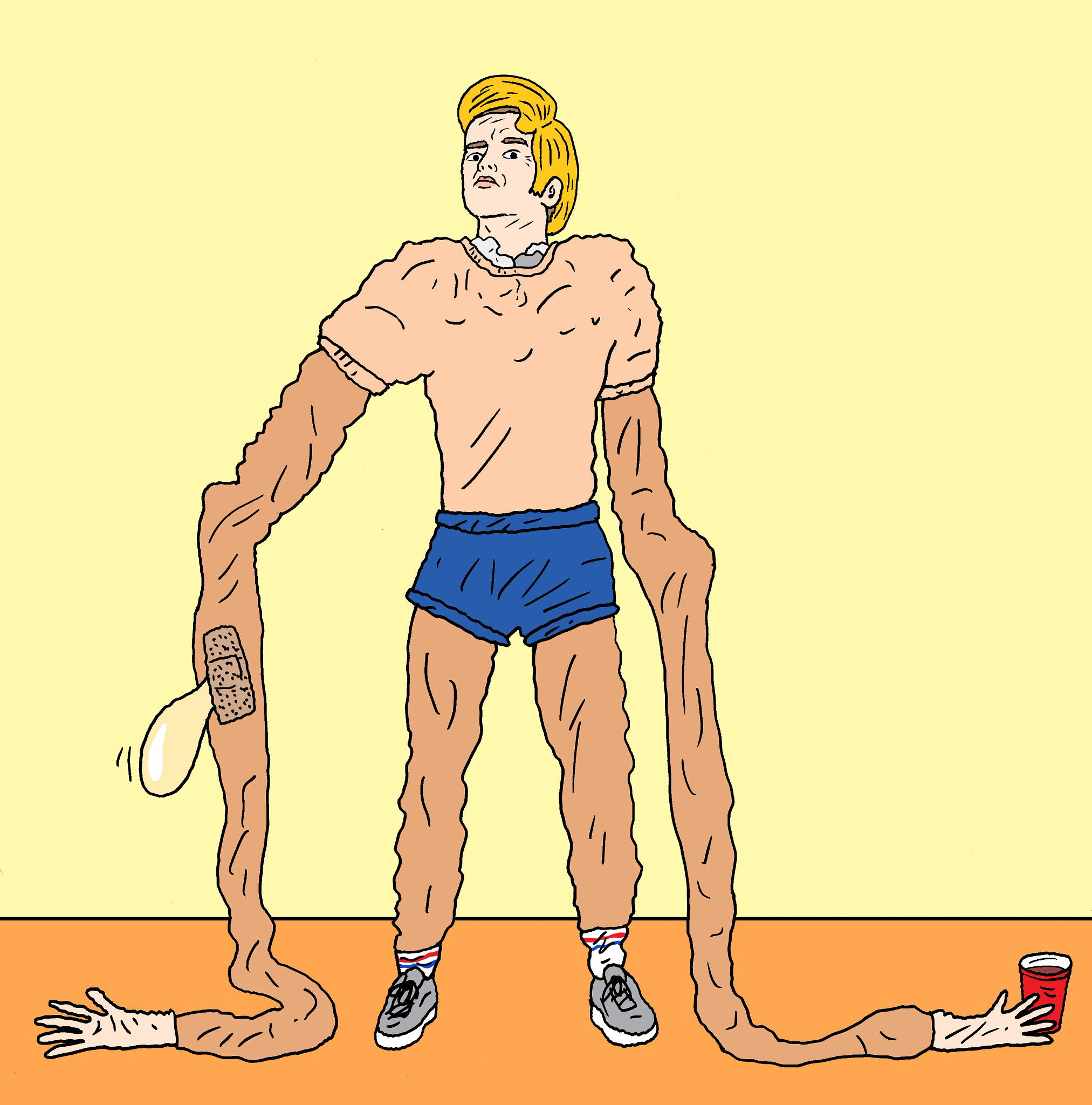 A costumed as a Strech Armstong doll whose arms have been pulled too far