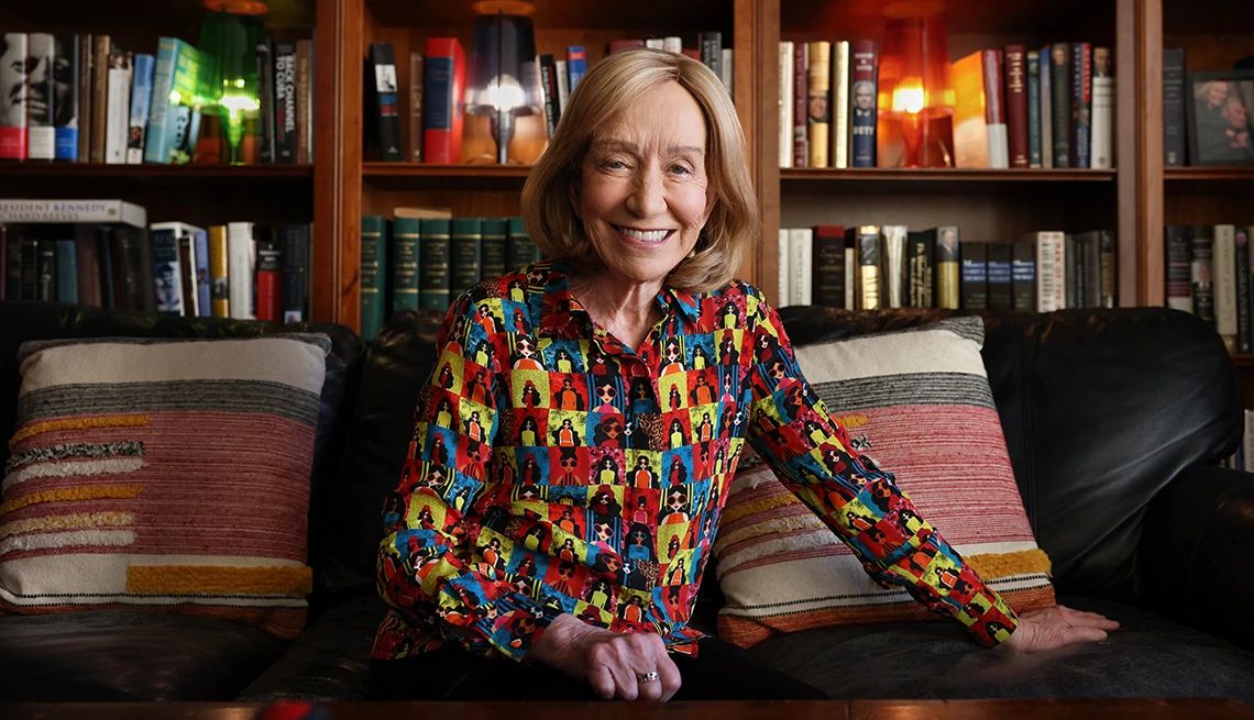 Doris Kearns Goodwin looks back on divided America Doris Kearns Goodwin sitting on couch with bookcase full of books behind her