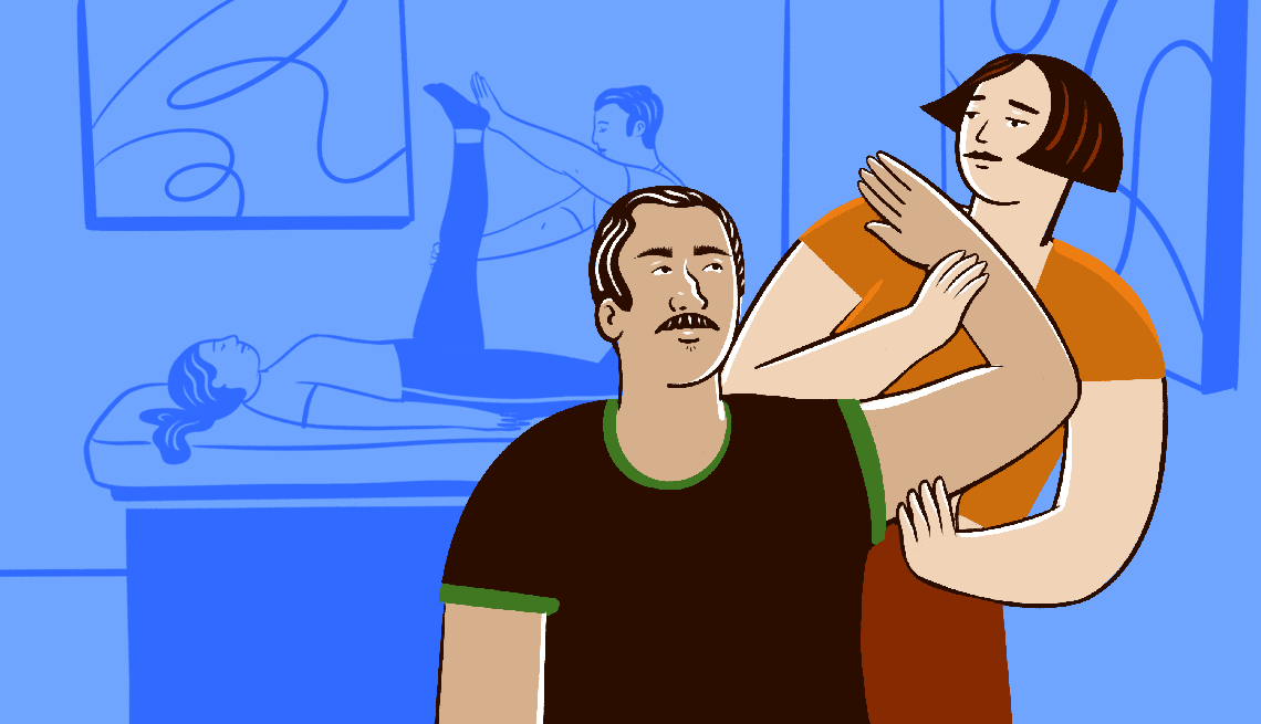 illustrated gif of a stretching specialist stretching a mans arm over his head