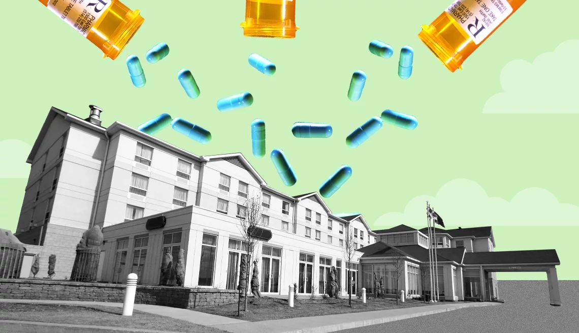 A nursing home with pills raining down on it