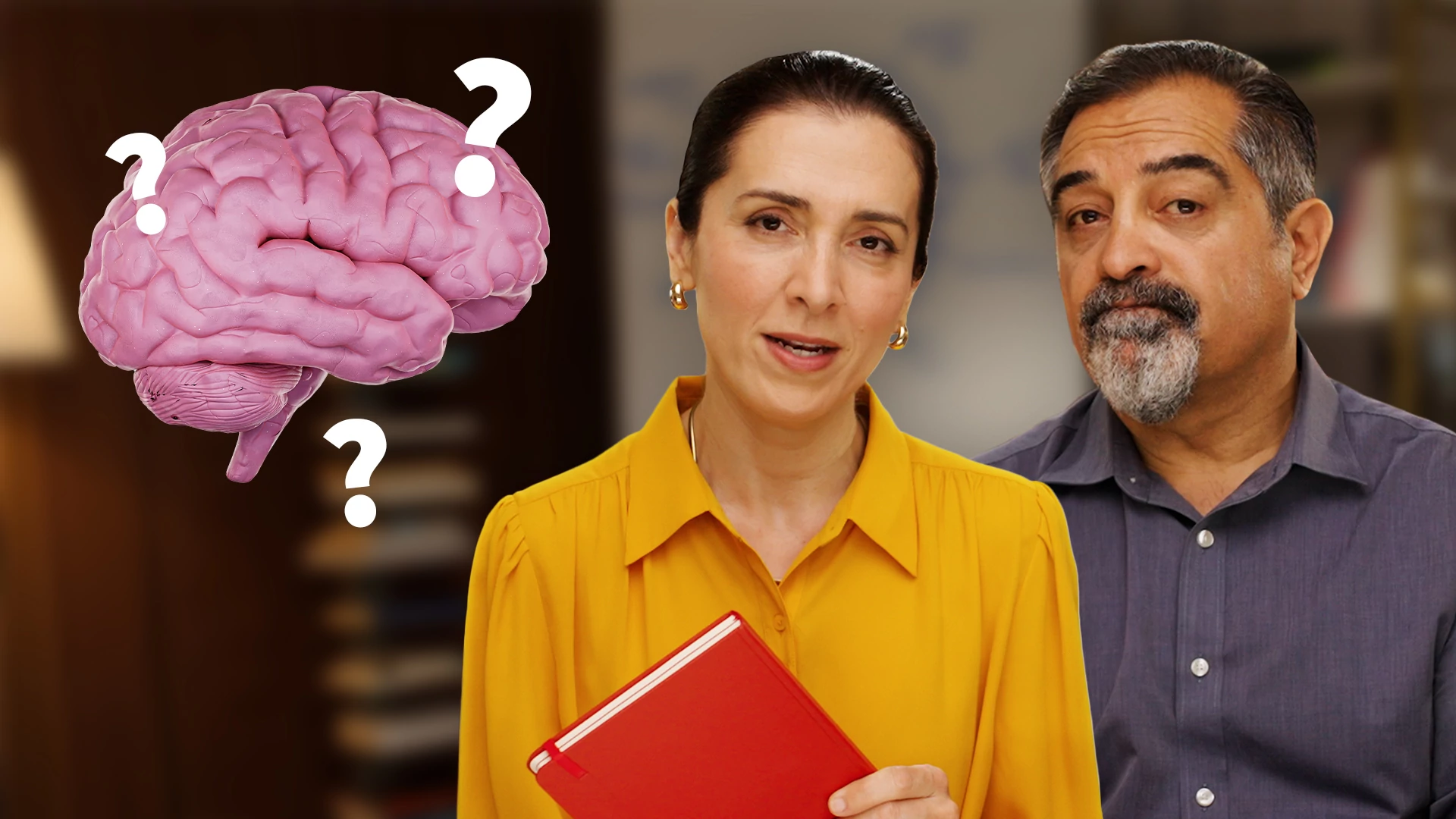 Neurologists Dean and Ayesha Sherzai of The Brain Docs beside a brain with three question marks.