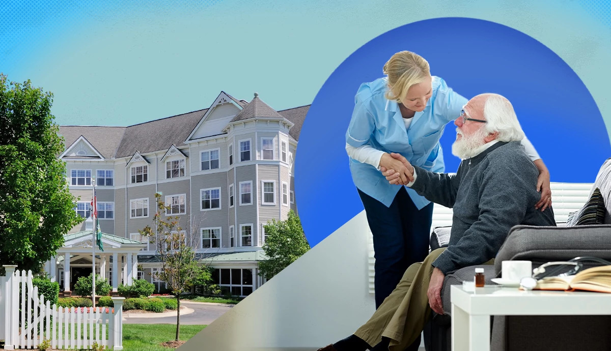a nurse with her arm around a man with a caregiving facility in the background