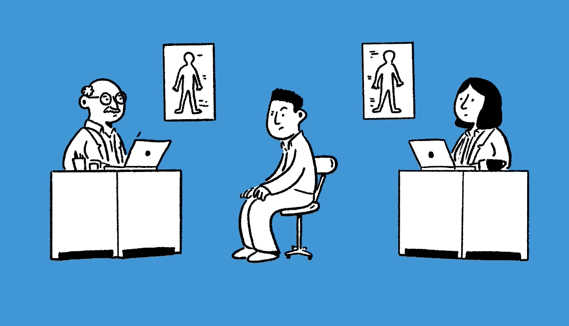 Getting a Second Opinion illustrated gif of a man switching between two doctors