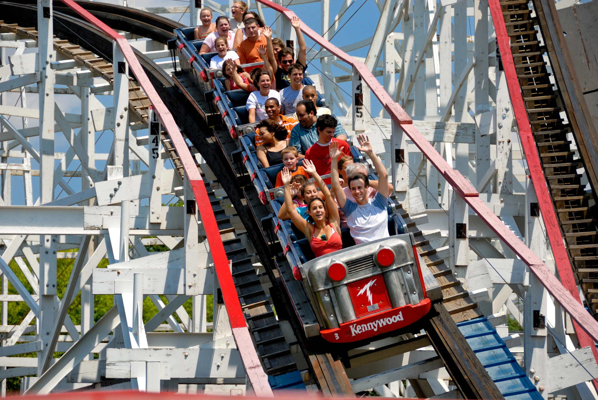 Riders enjoy the Thunderbolt roller coaster at Kennywood amusement park in Pittsburgh, Pennsylvania.