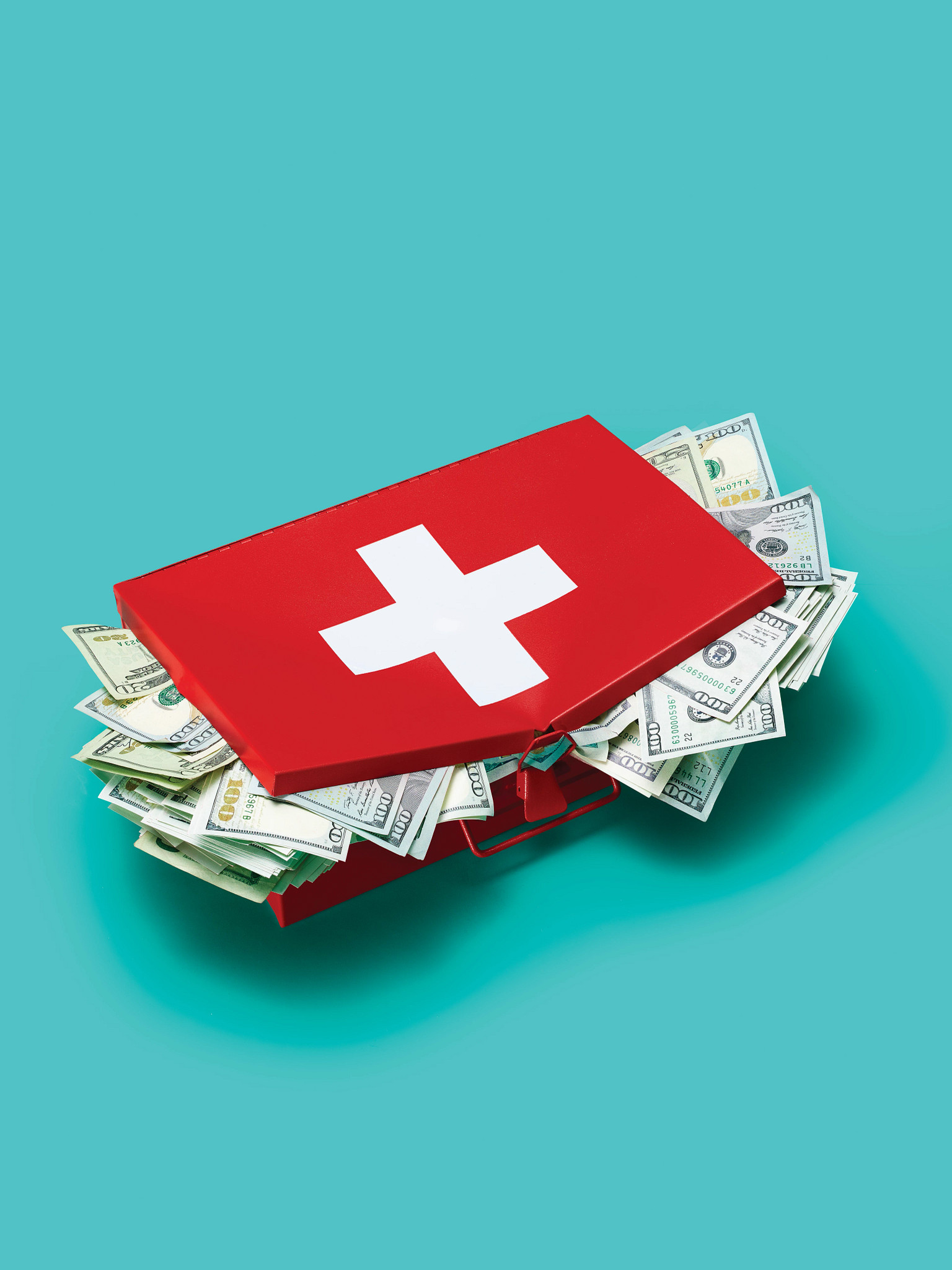 bright red first aid kit with a white cross sits on a teal background, overflowing with stacks of $100 bills to symbolize the financial waste and "pay and chase" nature of Medicare overpayments