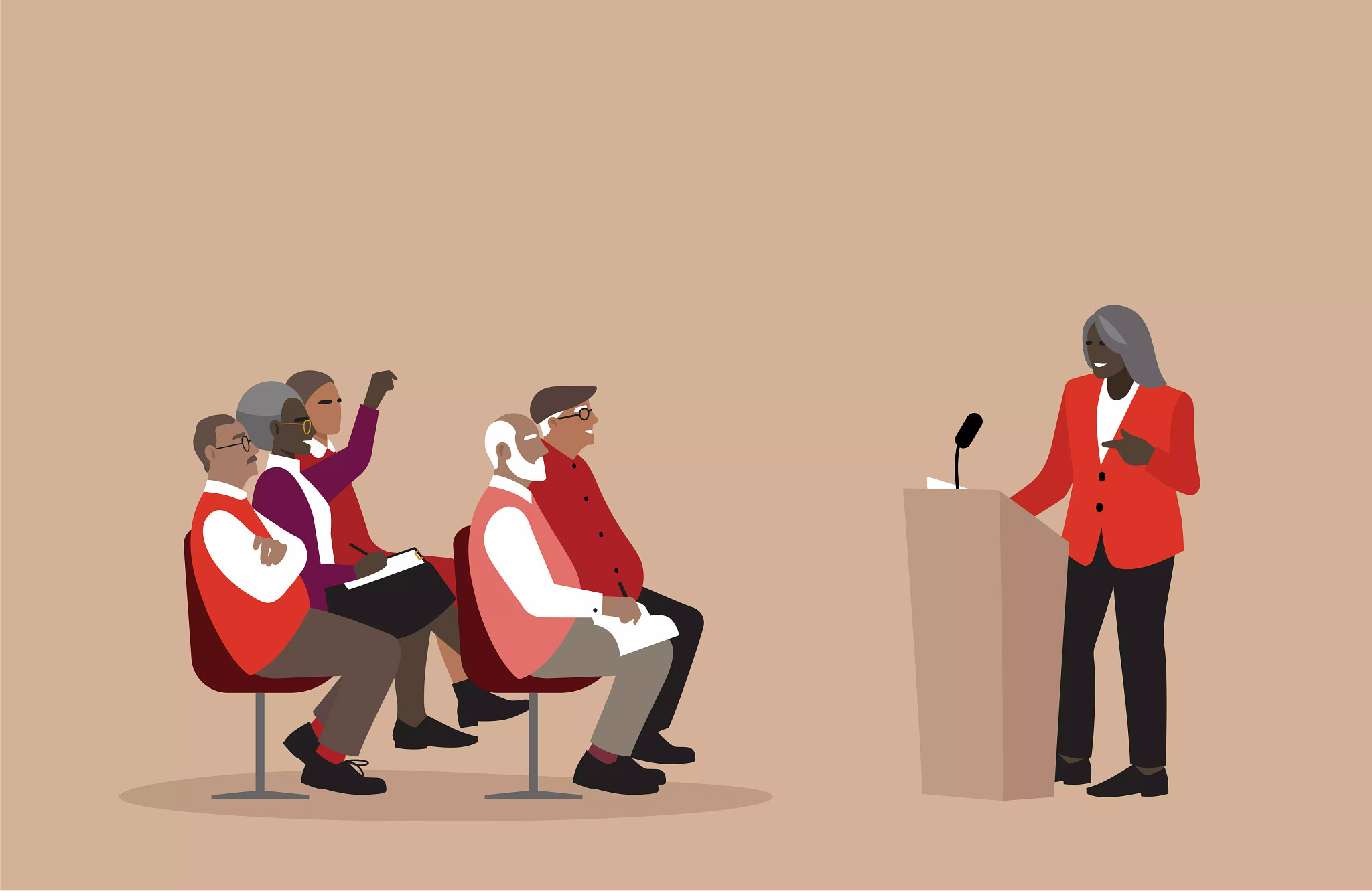 Illustration of group of people sitting in front of a person speaking at a town hall event