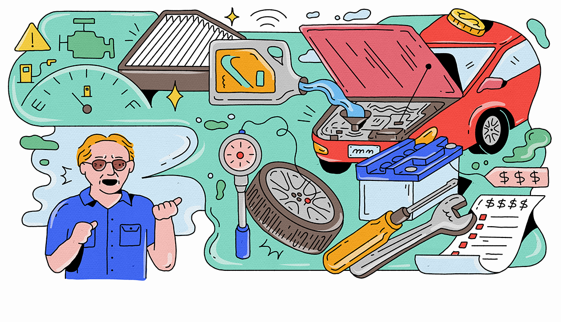 Secrets from a Top Car Mechanic a car mechanic with various icons and tools for fixing a car