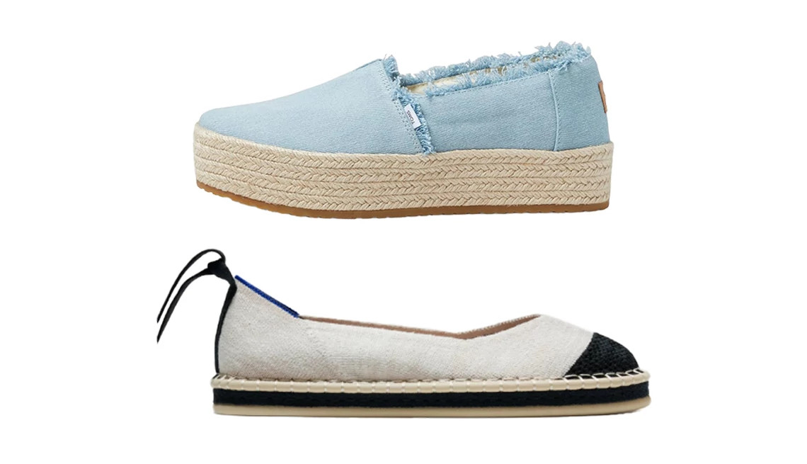 Toms Women’s Valencia Espadrilles in Pastel Blue; Rothy’s The Espadrille in Hemp-Boardwalk