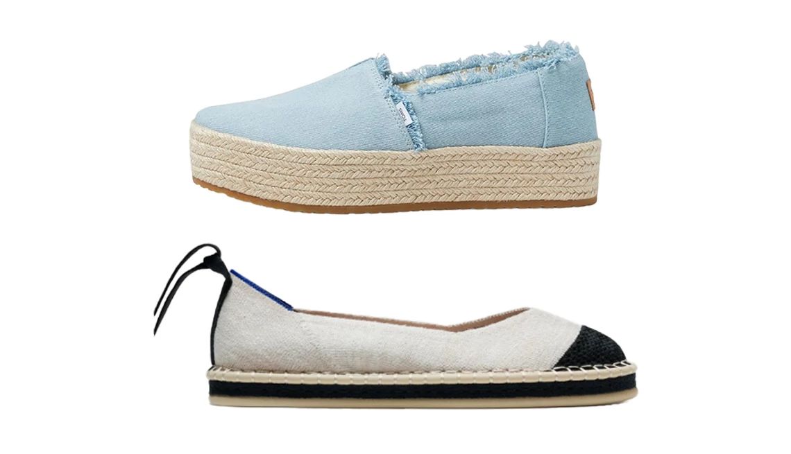 Espadrilles Toms Women’s Valencia Espadrilles in Pastel Blue; Rothy’s The Espadrille in Hemp-Boardwalk