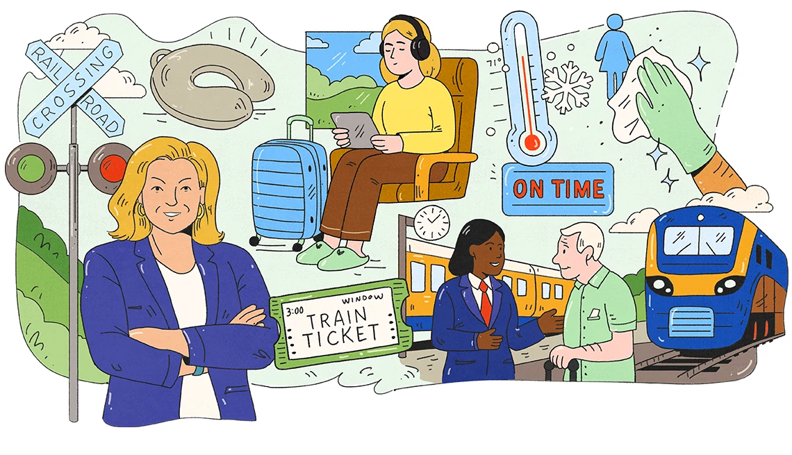 Train Travel Tips An illustration shows a woman standing at a railroad crossing. Behind her is a collage of vignettes from train travel, including a woman in a window seat, a thermometer at 71 degrees and a train ticket.