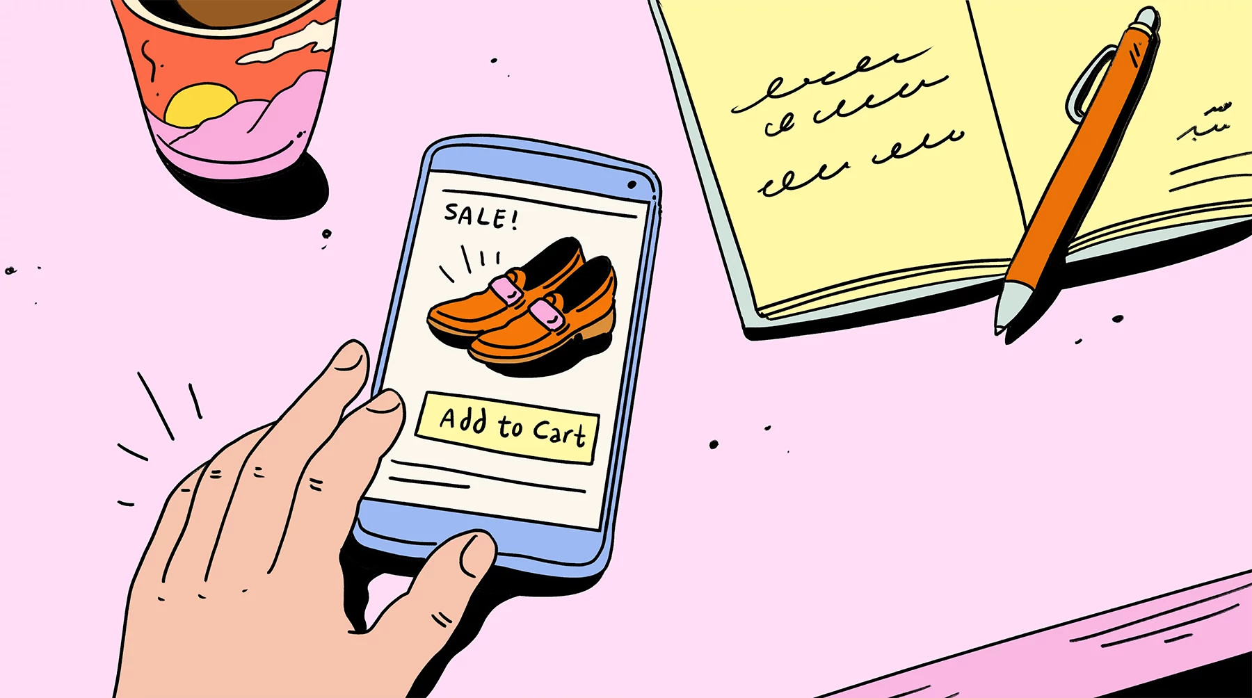 a hand hovers over a smartphone screen with a pair of shoes and the words sale, add to cart
