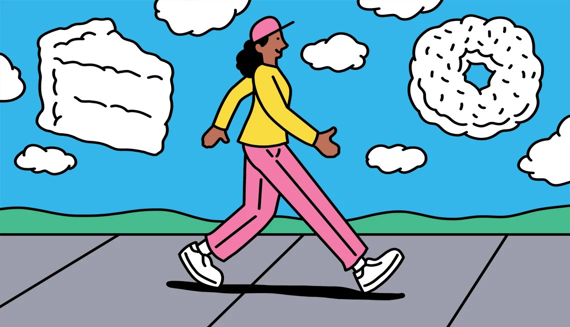 a woman walking with clouds in the shapes of cake and donuts in the sky