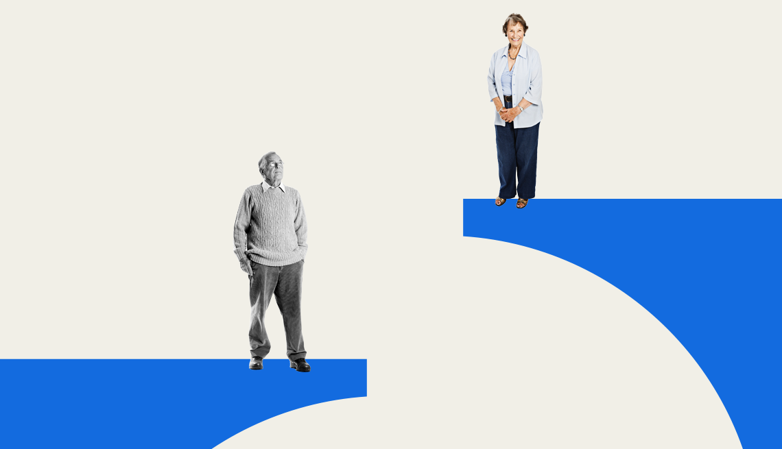 Many Women Live Longer Than Men a woman pictured in color standing on a ledge over a man pictured in black and white