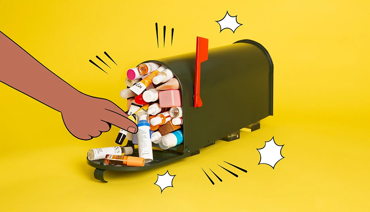 A mailbox is stuffed with skin care bottles on a yellow background.