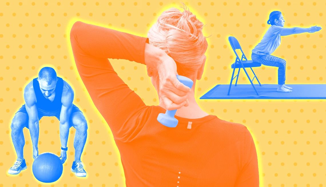 Gain Muscle Power people doing dumbell exercise, medicine ball workouts and chair squats