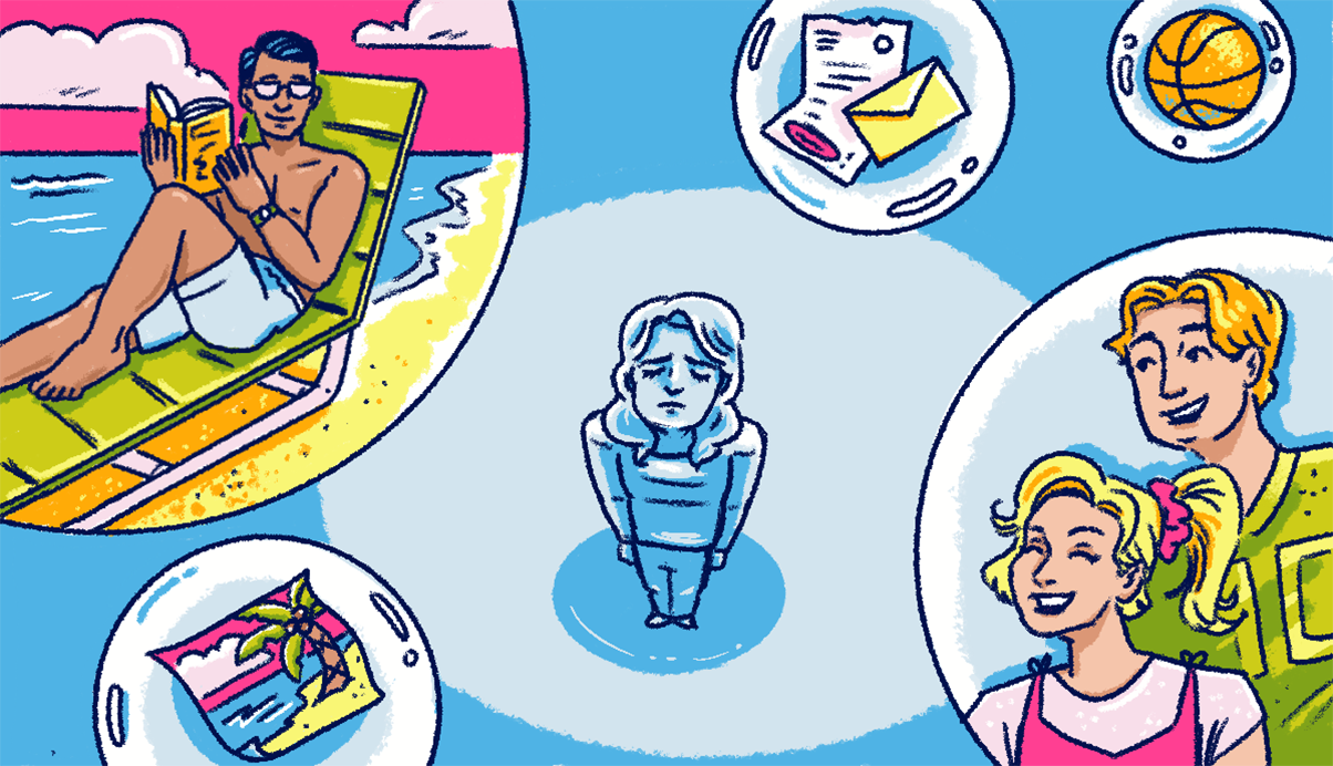 Illustration of a lonely person standing in the center, surrounded by thought bubbles showing a beach vacation photograph, a letter and envelope, a basketball, a happy man reading at the beach and a happy couple