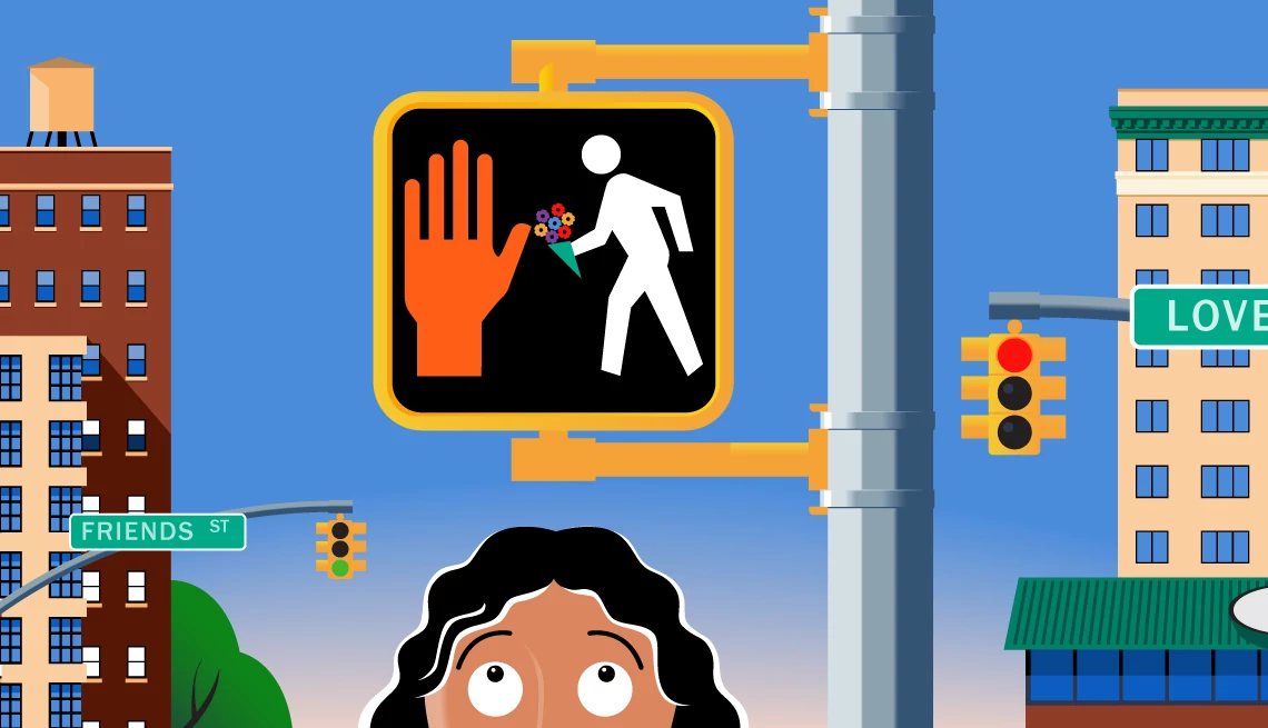 How to Tell If Someone Is Interested in Romance a graphic illustration shows an older adult woman looking up on a city street and a pedestrian stop, with both stop and walk signals shown on the sign
