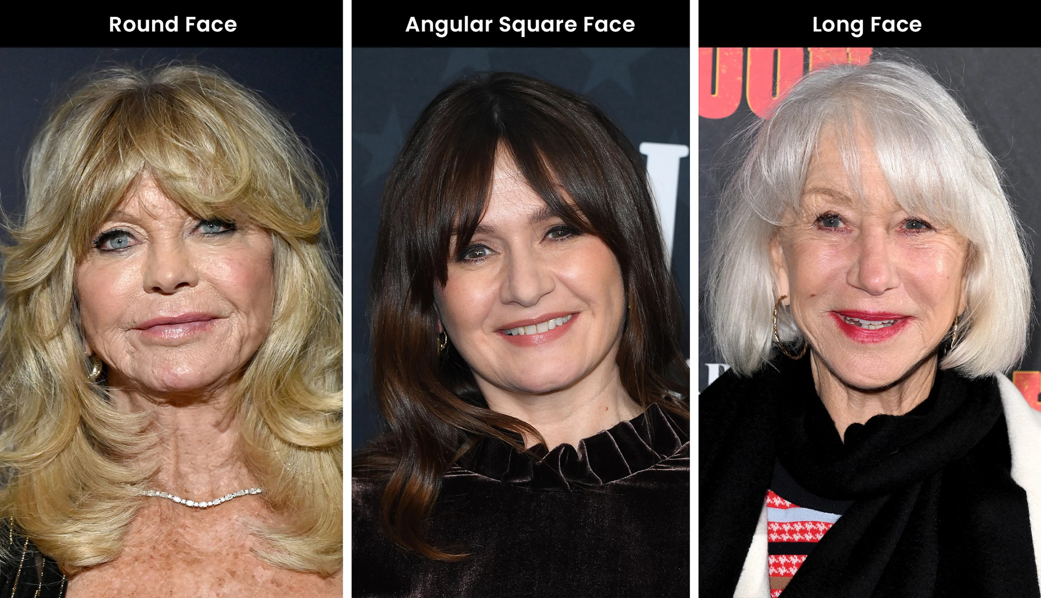 a collage with photos of Goldie Hawn, Emily Mortimer and Helen Mirren, showcasing the right bangs for their face shapes