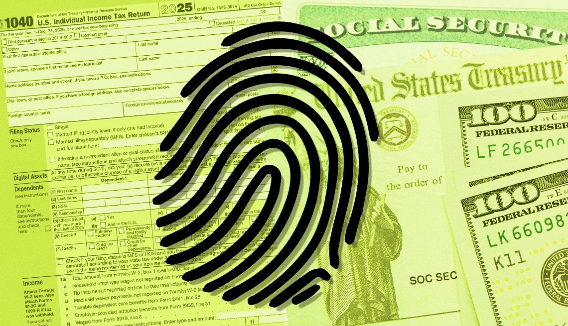 a fingerprint on top of tax forms, a social security card and hundred dollar bills