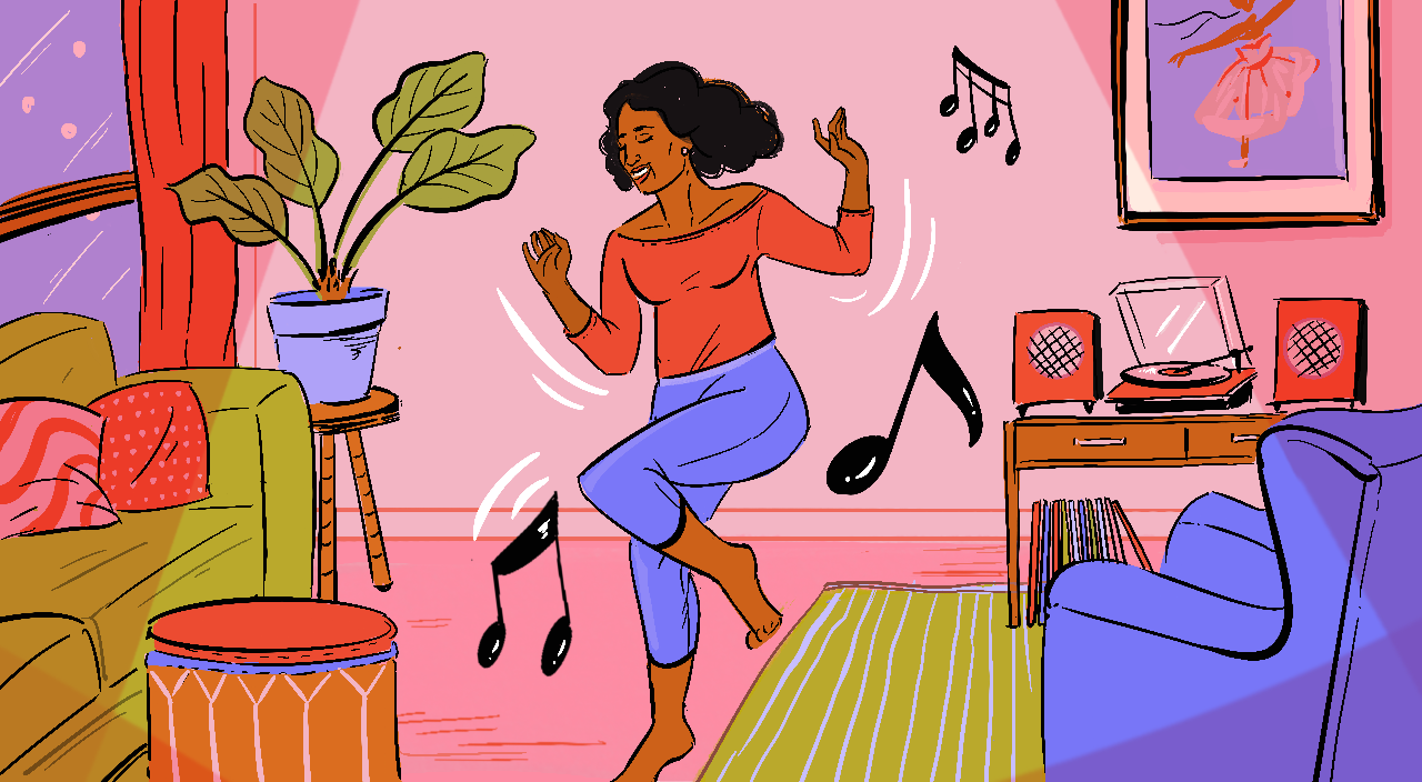 illustration of woman dancing in her living room