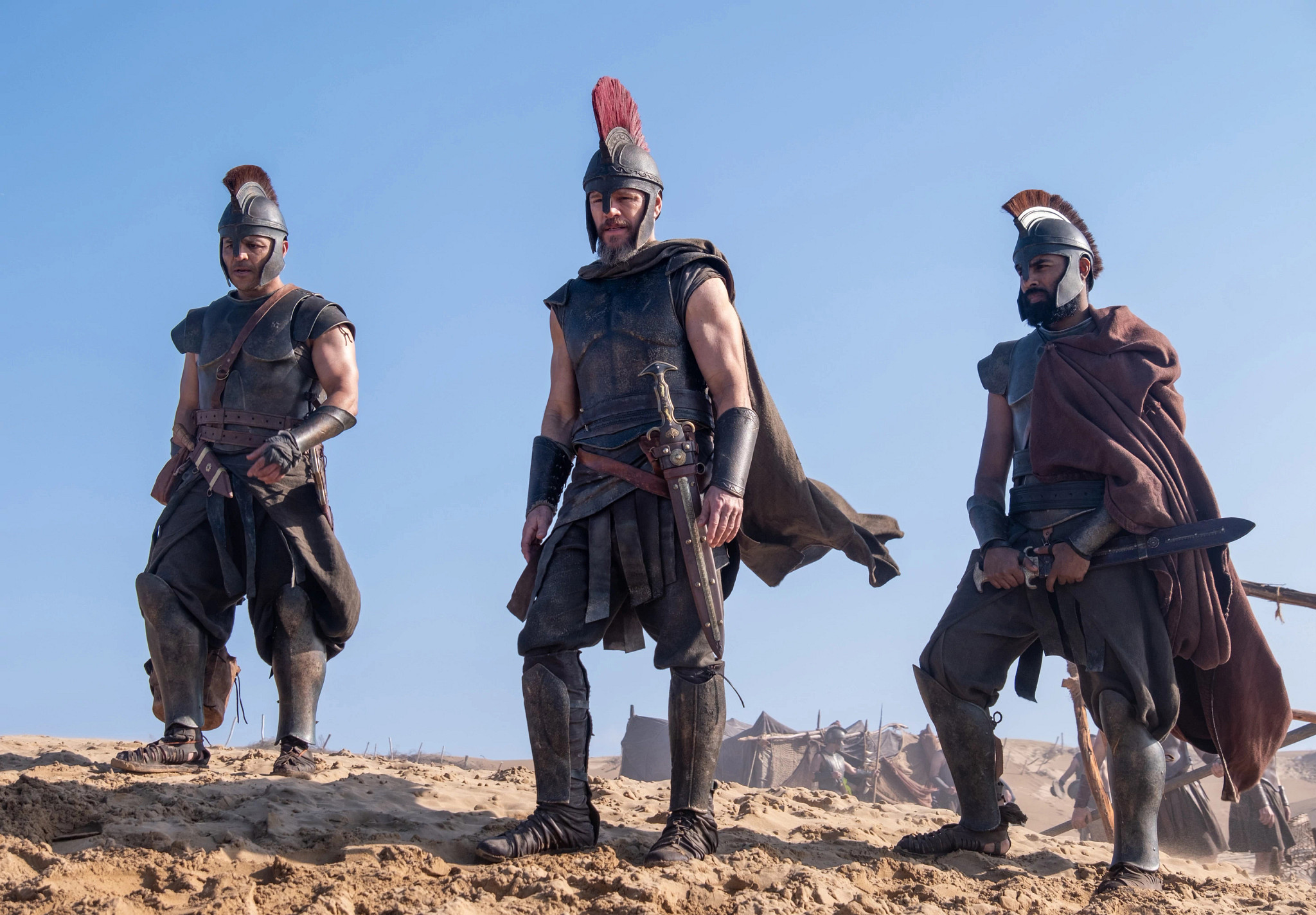 jimmy gonzales, matt damon and himesh patel in a scene from the odyssey