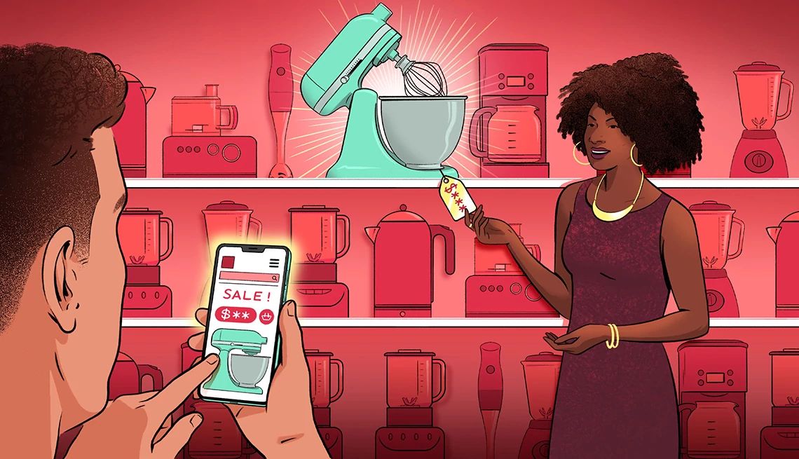 Ahorra con la igualación de precios Un hombre y una mujer utilizan sus teléfonos móviles para comprobar el precio de una licuadora.