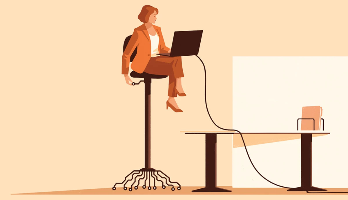 a graphic illustration shows an older adult woman with a laptop on her lap, sitting in a chair that is extended up almost to the ceiling over her work desk