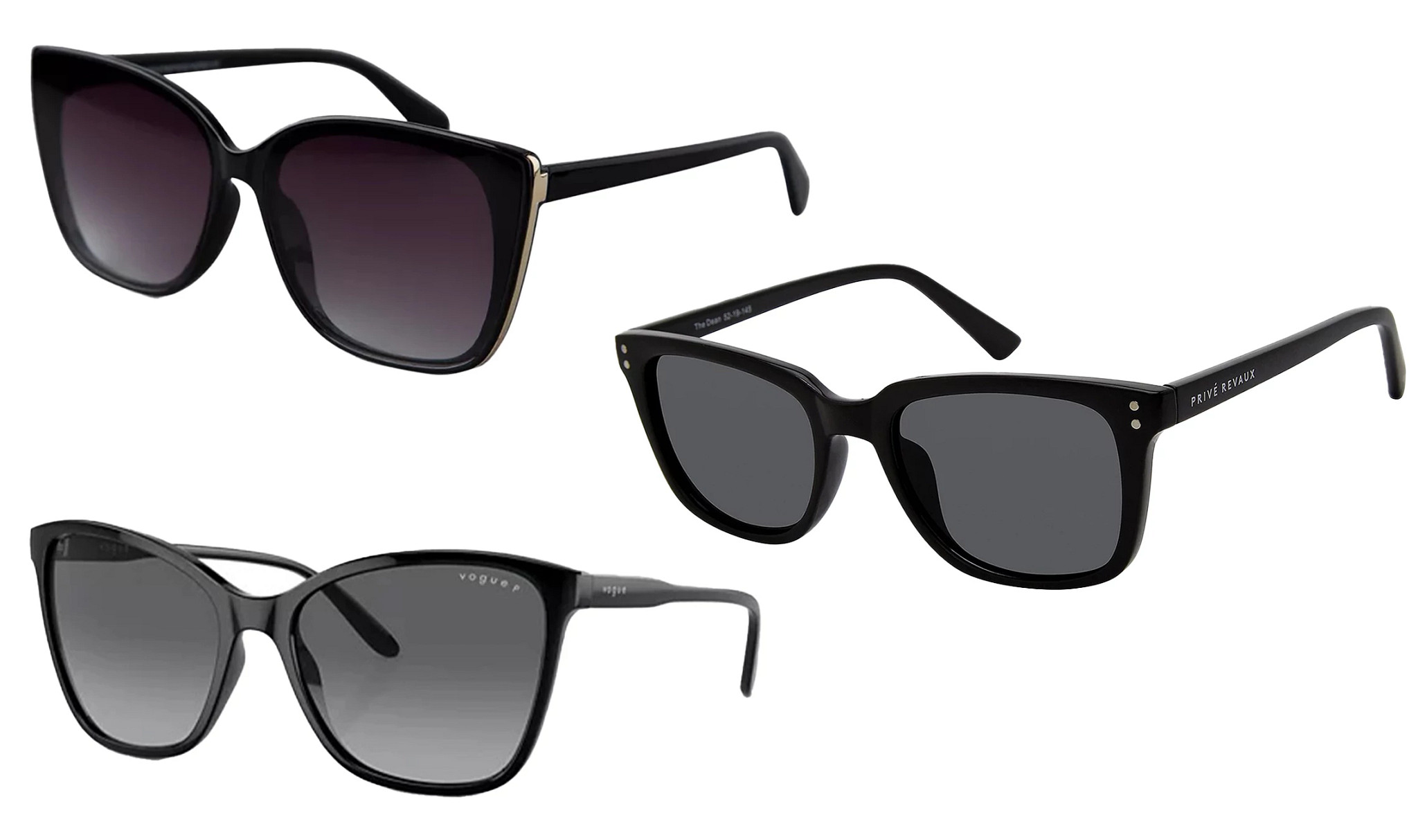 a collage with three different styles of sunglasses with black plastic frames