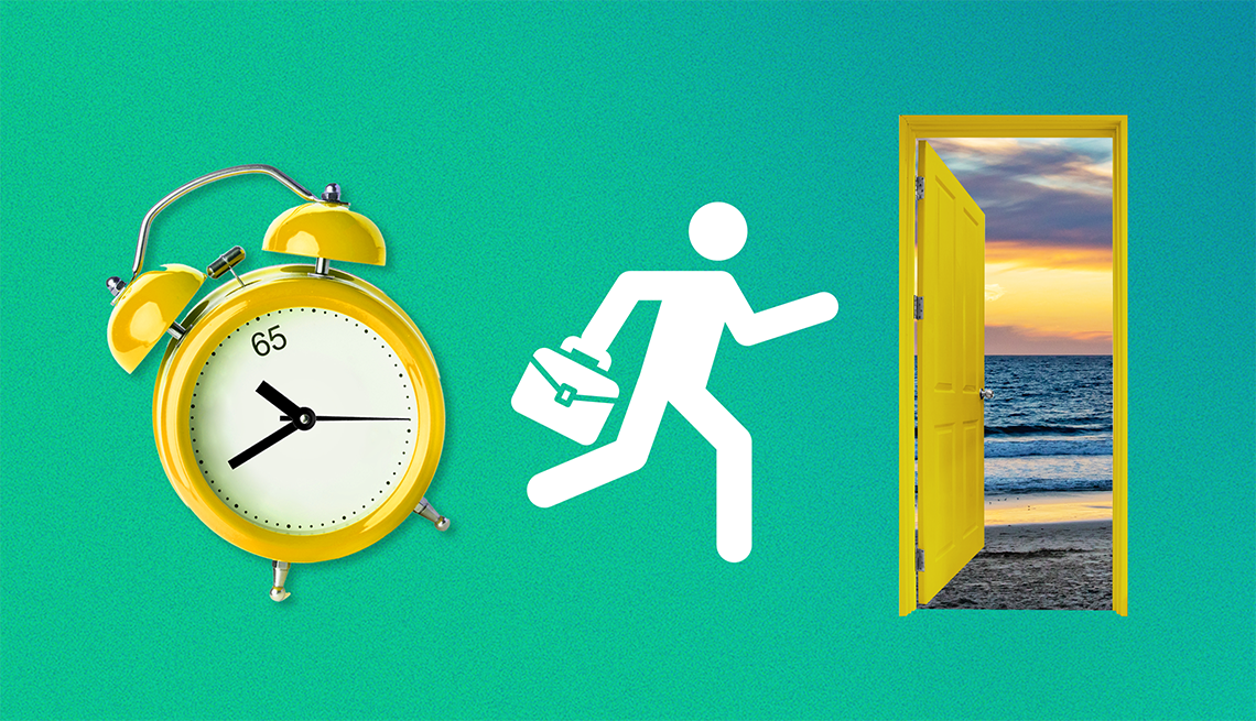 Things to consider before retiring early A silhouette of a man runs from a clock toward a door with a beach on the other side