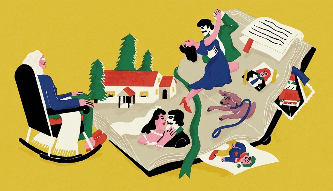 ilustración de una mujer en una mecedora con un libro abierto que muestra varios momentos de su vida.