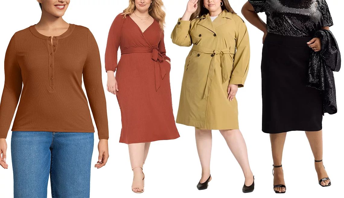 Curvy Style Essentials a collage with plus size models wearing a fitted top a dress a trench coat and a pencil skirt