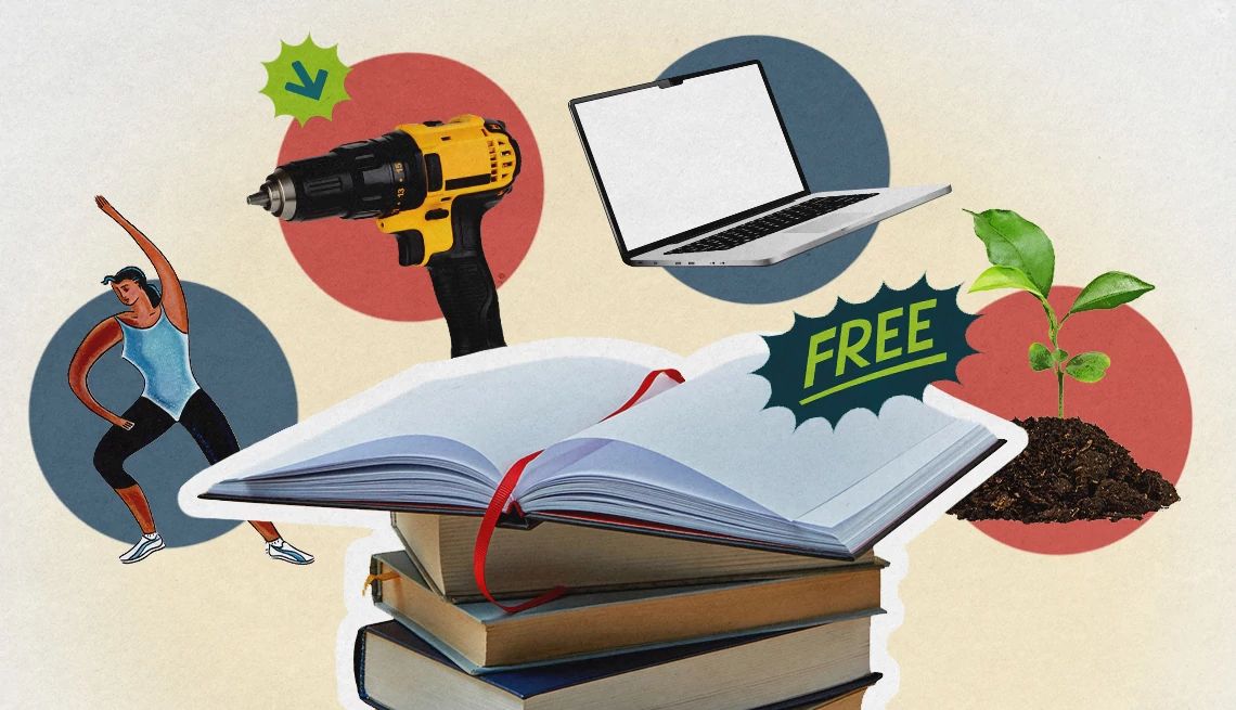 Library Freebies a collage of things you can get for free at the library. books, power tools, exercise classes and more