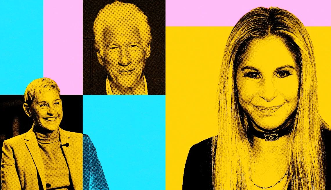 Ellen DeGeneres, Richard Gere and Barbra Streisand Ellen DeGeneres, Richard Gere and Barbra Streisand on a purple, blue and yellow background