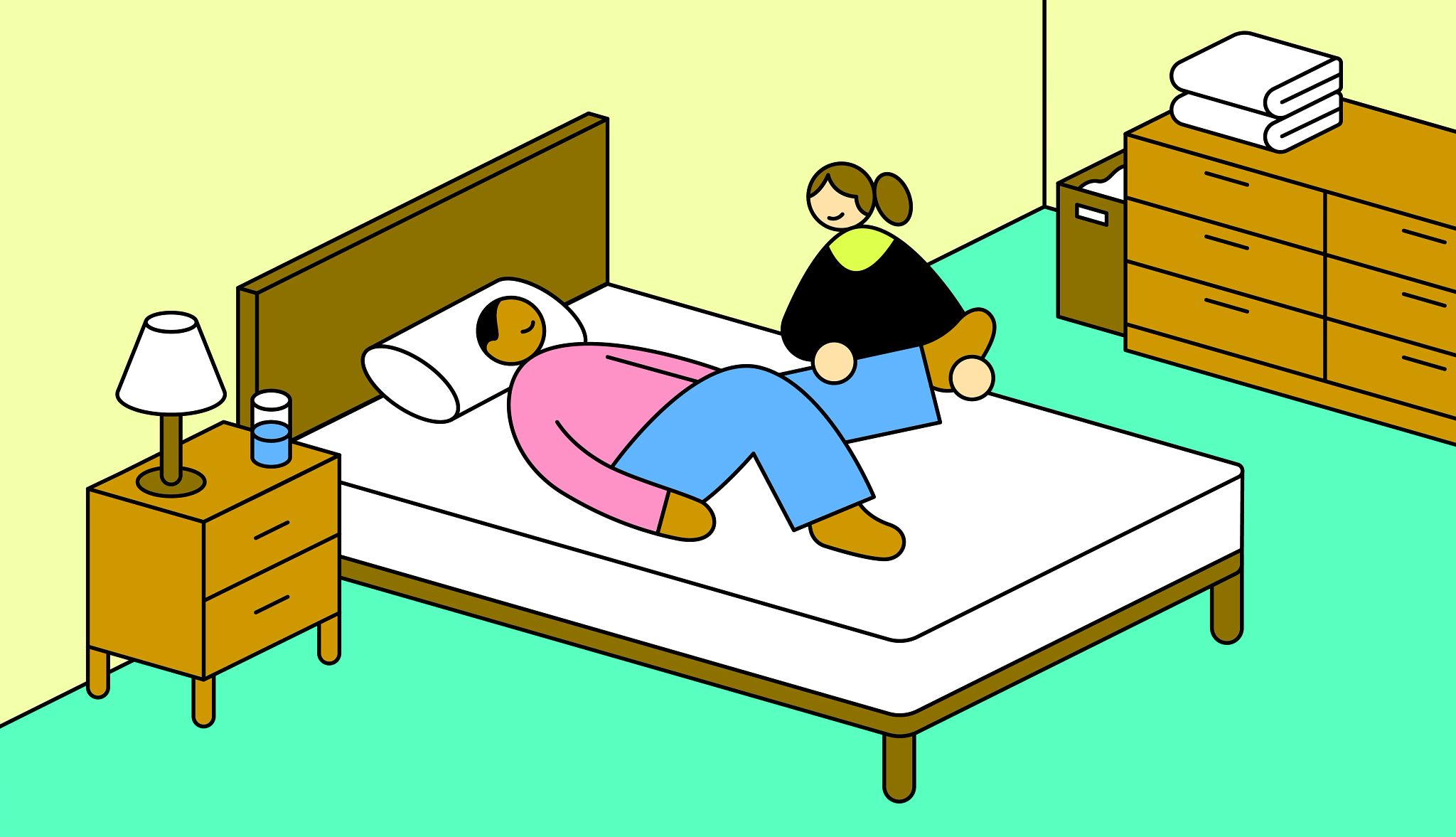 una persona en una cama haciendo ejercicios con la ayuda de su cuidador