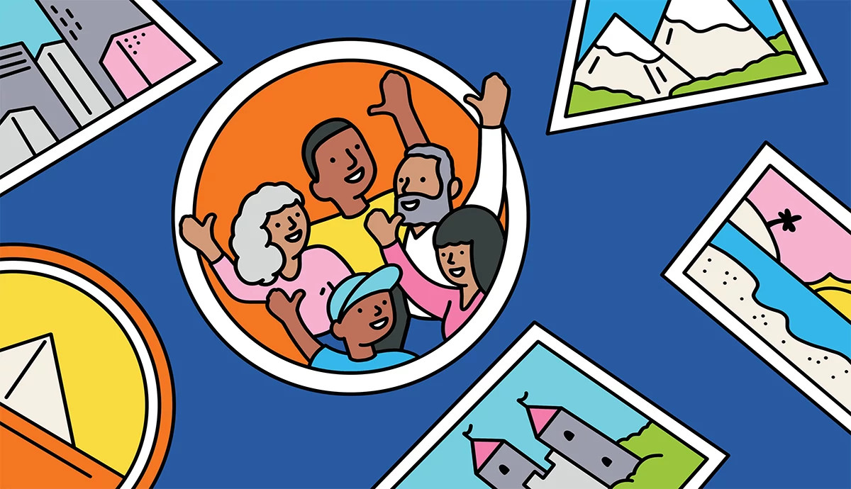 a gif of a family waving near various travel destinations