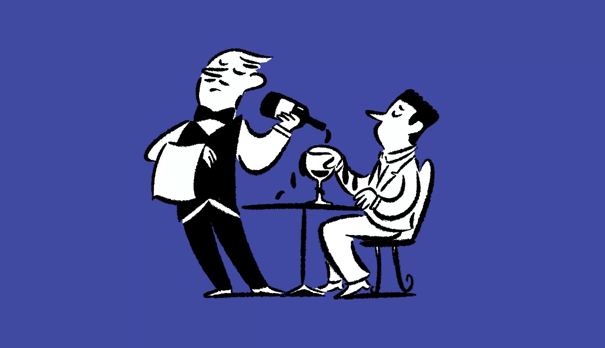 An illustration on a purple background shows a waiter wearing a vest and bowtie pouring wine into a glass held by a seated man at a small table.