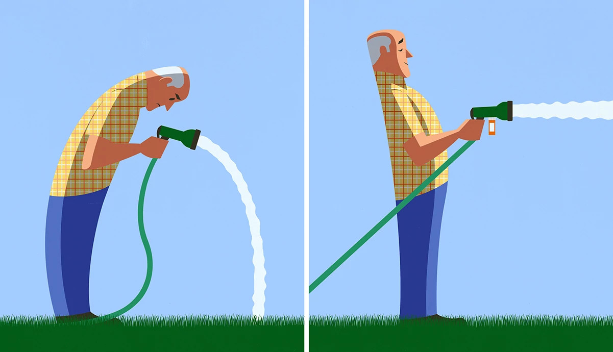 an illustration in two frames shows two men. First frame has a man bending down holding a garden hose flowing down. The second frame has a man of erect posture with a hose, buttressed by a pill bottle, shooting straight forward