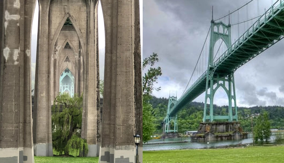 a split image of the St. Johns Bridge