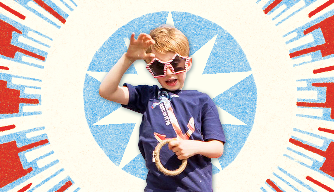 Fun July 4th Activities & Recipes to Do With Grandkids a kid with star sunglasses on with a red white and blue background