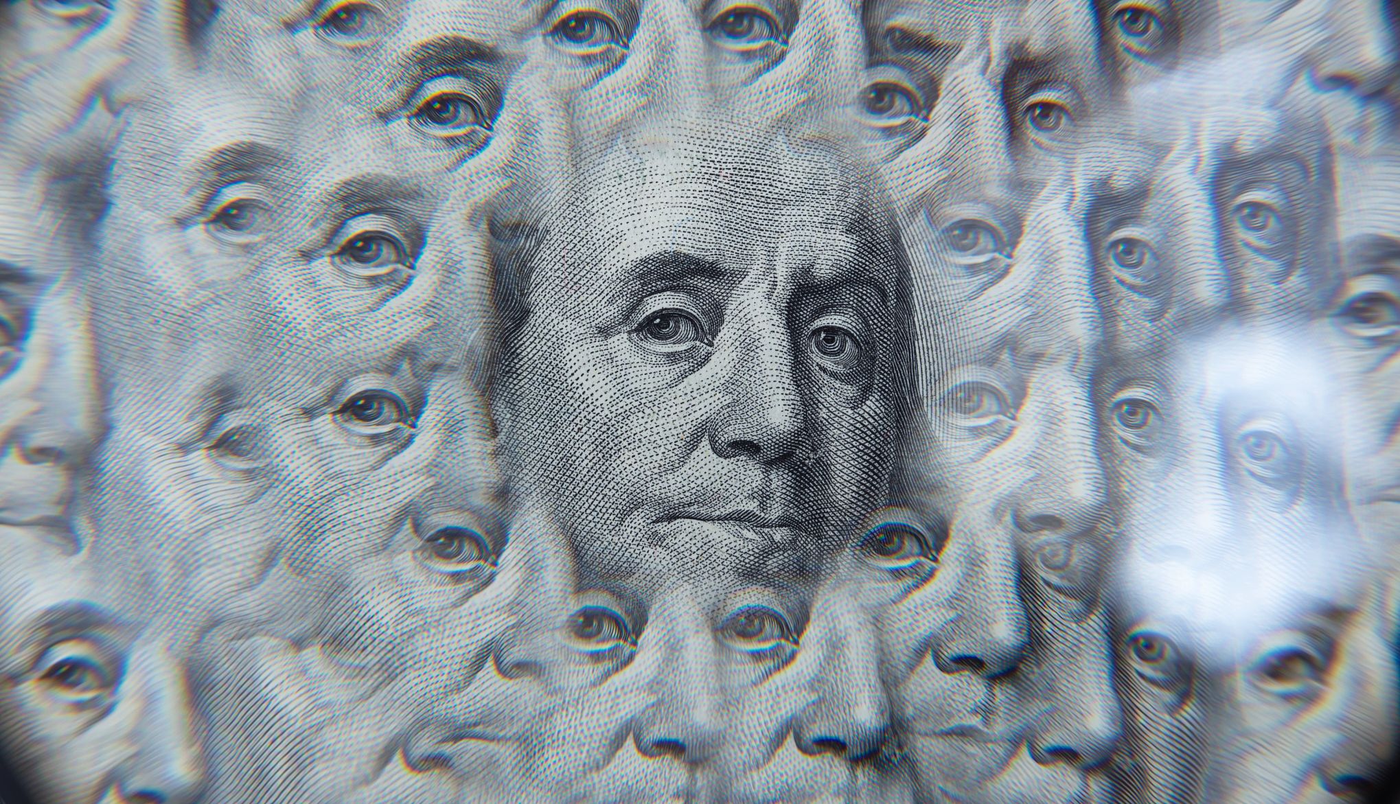 money dysmorphia Close-up of a dollar bill, showing Benjamin Franklin's face with a repeating pattern