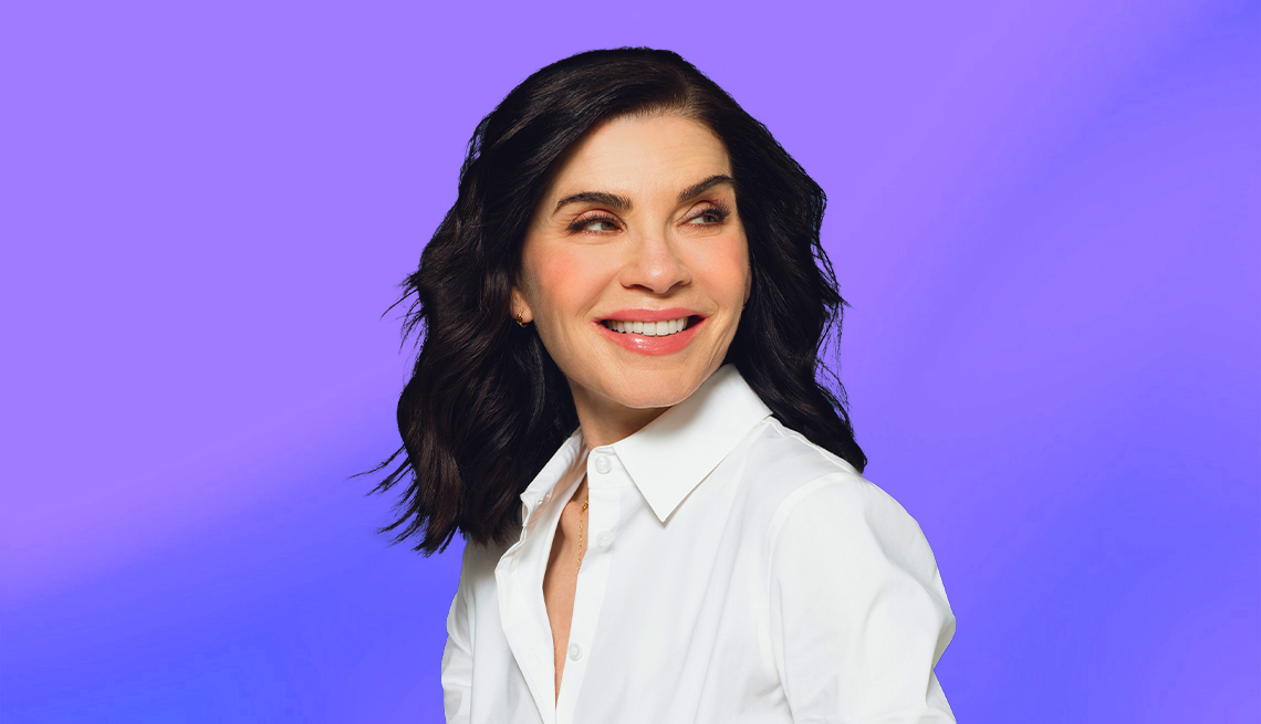 Julianna Margulies interview Julianna Margulies against purple blueish ombre background