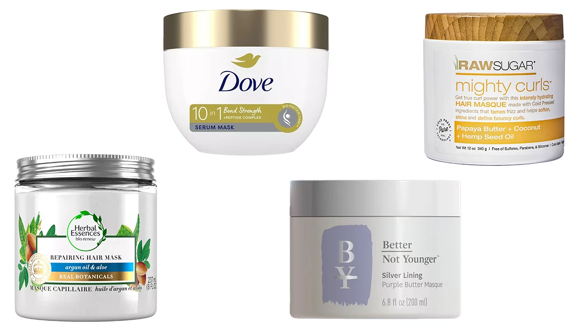 Herbal Essences bio:renew Sulfate Free Repairing Hair Mask with Argan Oil & Aloe; Dove 10-in-1 Bond Strength Serum Mask; Better Not Younger Silver Lining Purple Butter Masque; Raw Sugar Mighty Curls Hair Masque with Papaya Butter + Coconut + Hemp Seed Oil