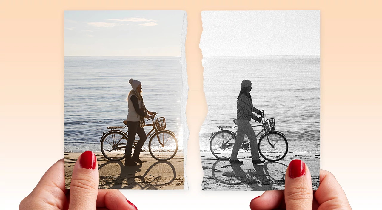 photo collage of hands holding ripped images of friends riding bikes at the beach, ending friendships