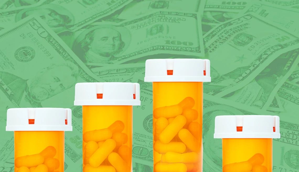Medicare Drug Price Reductions pill bottle bar graph with money background