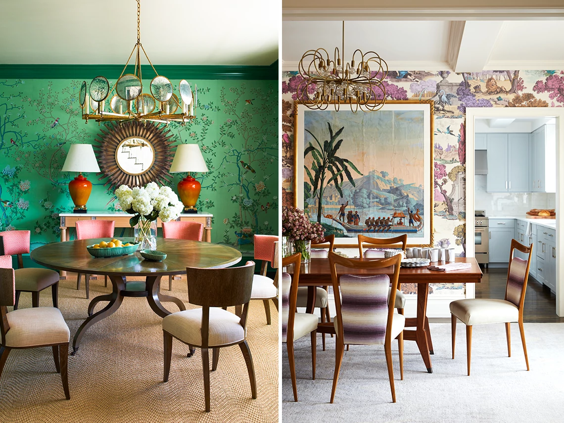 Dining room dopamine decor left: dining room with green wallpaper; right: dining room with pink, flowery wallpaper